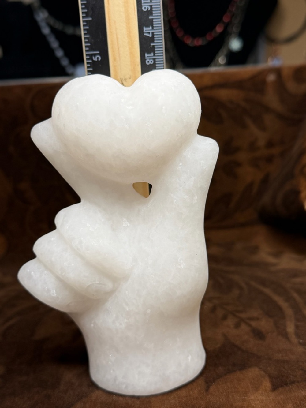 White Jade Marble Carved Heart Hand Sculpture - Picture 3 of 9